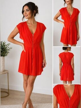 H And M Red Orange Zip Front Mini Dress 14 Bold Minimalist Modern Sleek Summer